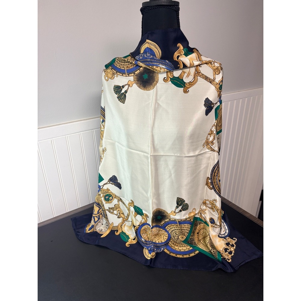 Liz Claiborne Vintage Silk Scarf Navy Blue Gold Nautical Watch Compass 30x30